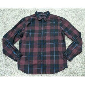 Prana Button Up Shirt Mens Small Burgundy Plaid Collar Organic Long Sleeve